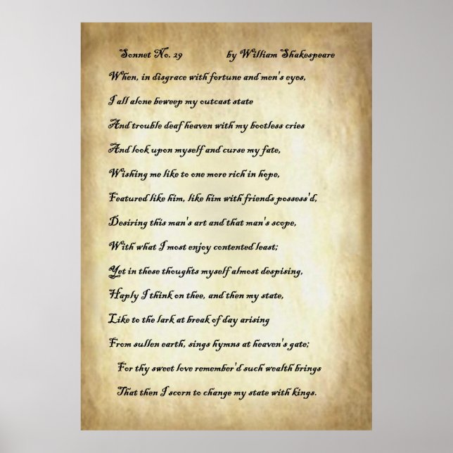 Póster Sonnet No. 29 de William Shakespeare (Frente)