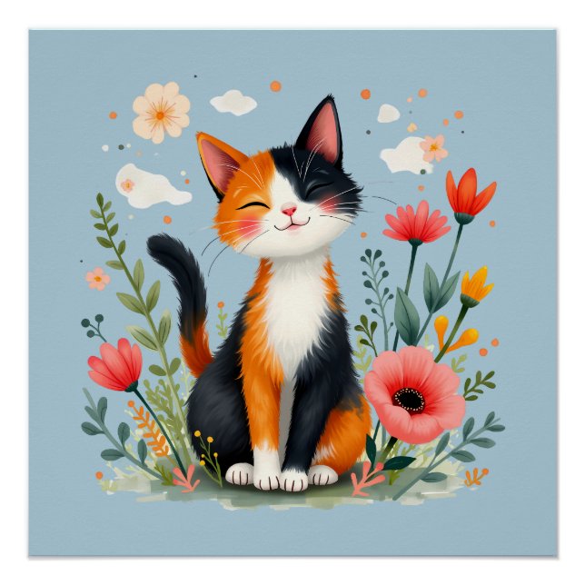 Póster Sonriendo gato calico en un jardín floreciente (Anverso)