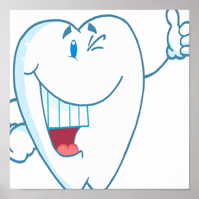 Póster Sonriente Caricatura de dientes limpios Thumbs Up. (Frente)