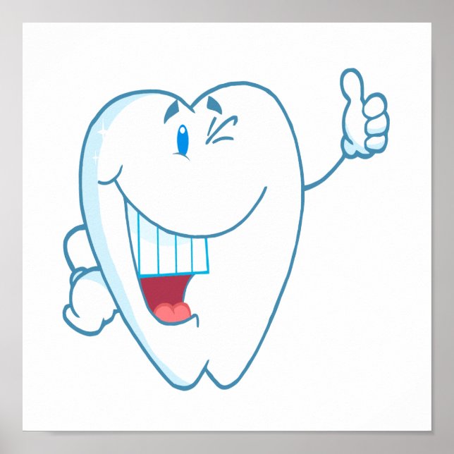 Póster Sonriente Caricatura de dientes limpios Thumbs Up. (Frente)