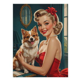 Póster Sonriente estropajo rubio con vestido rojo con per