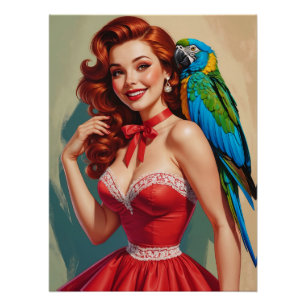 Póster Sonriente Redhead Pin Up y Parrot