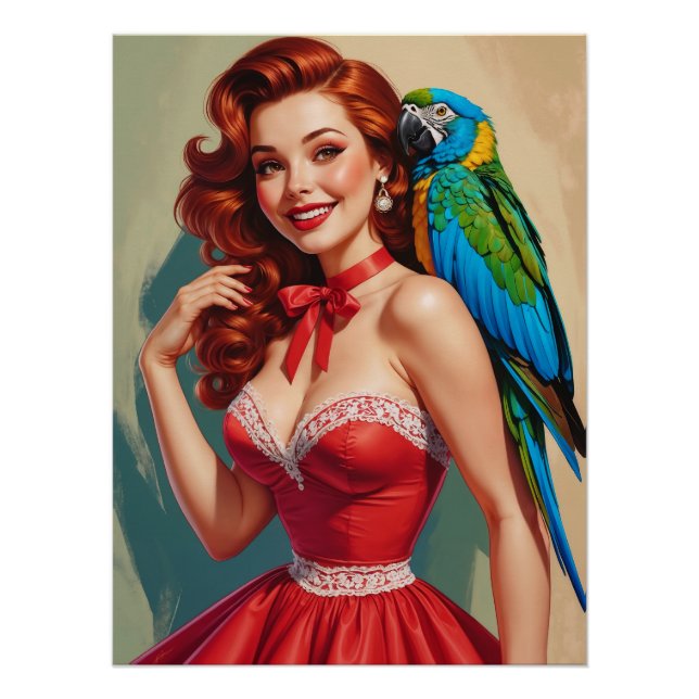 Póster Sonriente Redhead Pin Up y Parrot (Anverso)