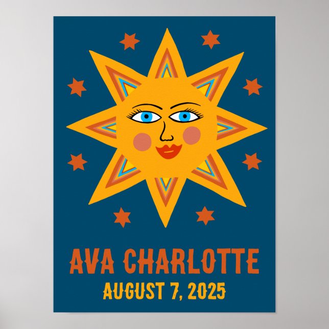 Póster Sonriente Retro Sun PERSONALIZADO NOMBRE DE BEBÉ B (Frente)