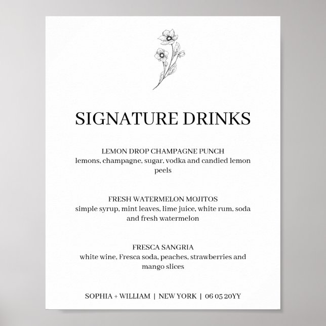 Póster Sophia Simple Signature Drinks Wedding Sign (Frente)