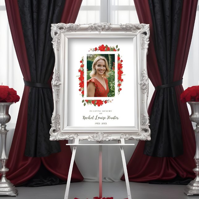 Póster Sophisticated Red Floral Garland In Loving Memory  (Sophisticated Red Floral Garland In Loving Memory Photo Poster. )