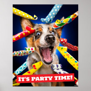 Póster Sopladores de fiesta de perro feliz