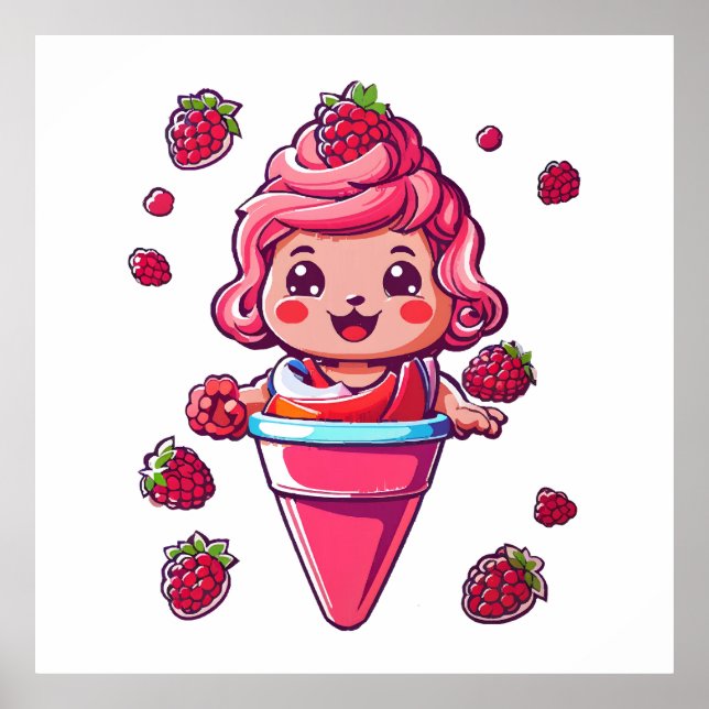 Póster Sorbet de frambuesa Kawaii (Frente)