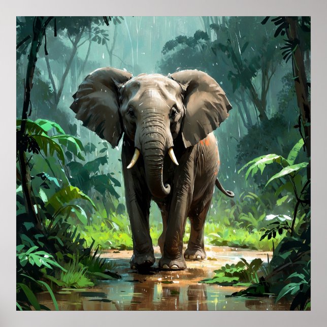 Póster Sorprendente joven elefante bajo la lluvia en la j (Frente)
