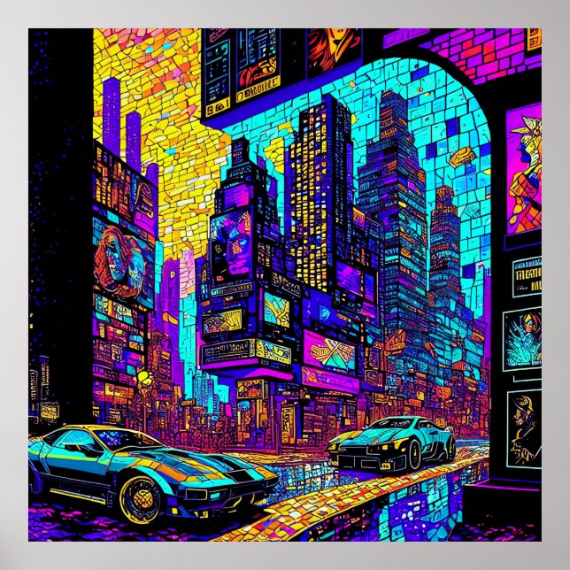 Póster Sorprendente Mosaic Sed Glass Neon Cyberpunk City (Frente)
