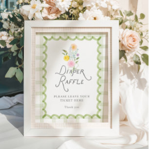 Póster Sorteo de Pañales para Baby Shower con Ramo Floral