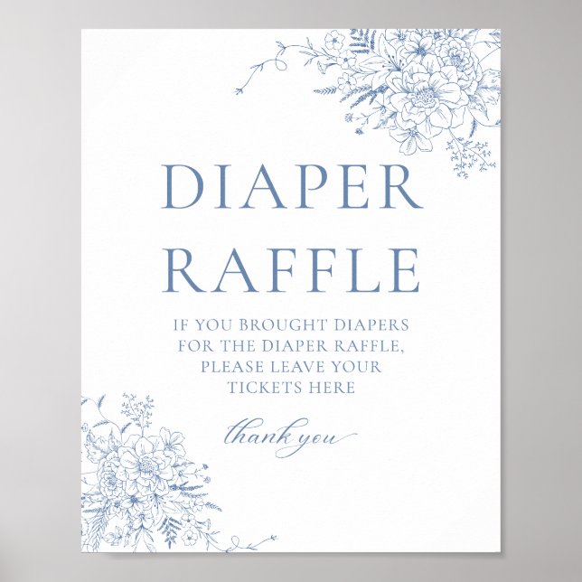 Póster Sorteo de pañales para baby shower floral azul (Frente)