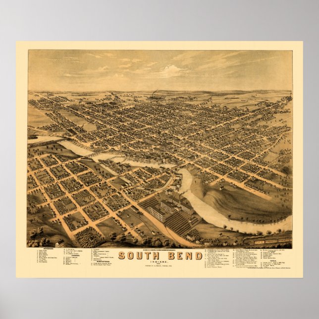 Póster South Bend, IN Panoramic Map - 1874 (Frente)