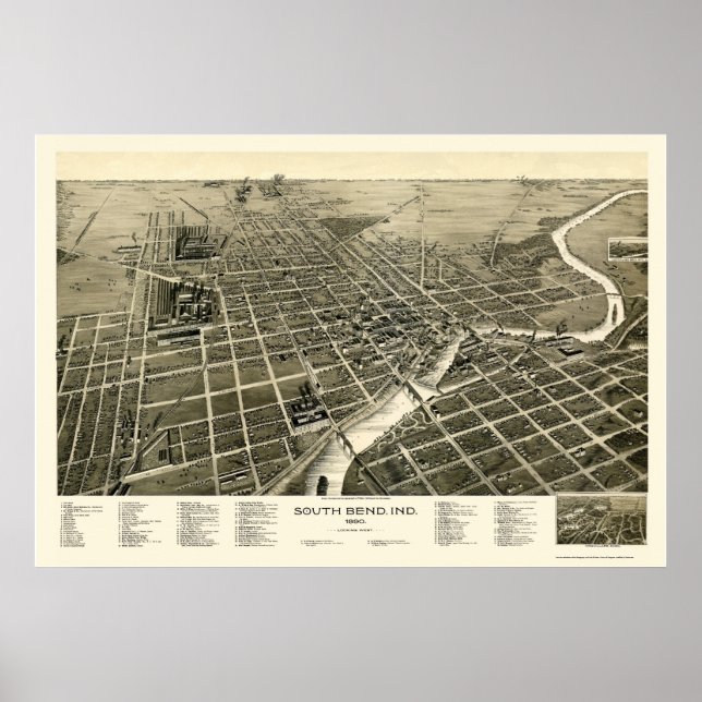 Póster South Bend, IN Panoramic Map - 1890 (Frente)
