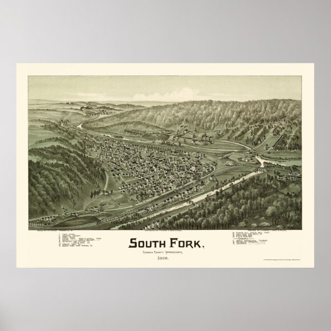 Póster South Fork, mapa panorámico de la AP - 1900 (Frente)
