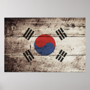 Póster South Korea Flag on Old Wood Grain