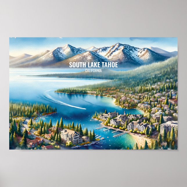 Póster South Lake Tahoe Travel Places acuarelas (Frente)