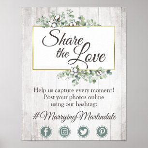 Póster Southern Country Cotton Wedding Hashtag Photo Sign