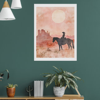 Póster Southwestern Cowgirl Silhouette Desert Sun Artwork