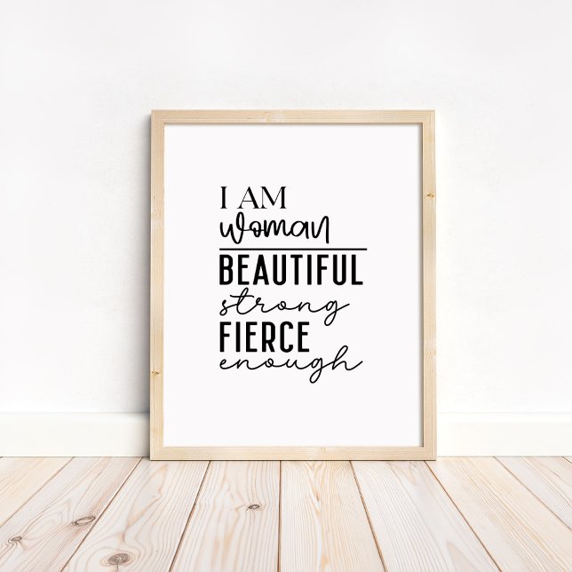 Póster Soy Mujer - Boho Minimalista Motivacional  (I am Woman - Boho Minimalist Motivational Poster in a neutral wooden frame)