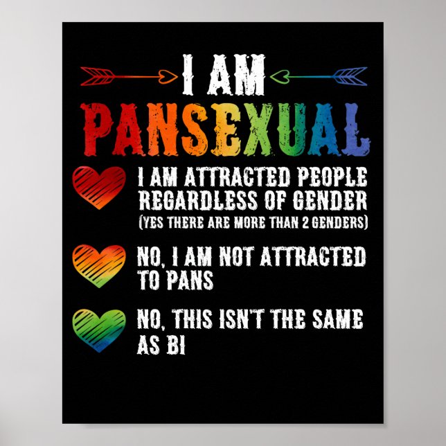 Póster Soy pansexual, orgullo LGBTQIA, corazones arcoiris (Frente)