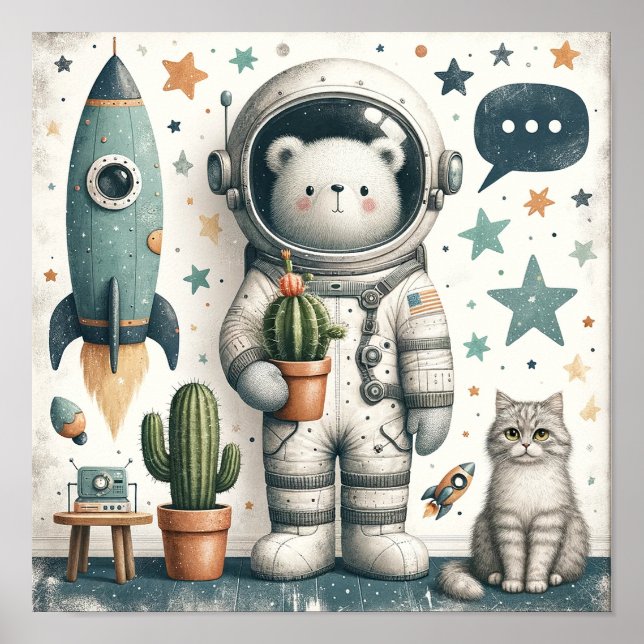 Póster Space Cactus Bear Kids Room Wall Art (Frente)