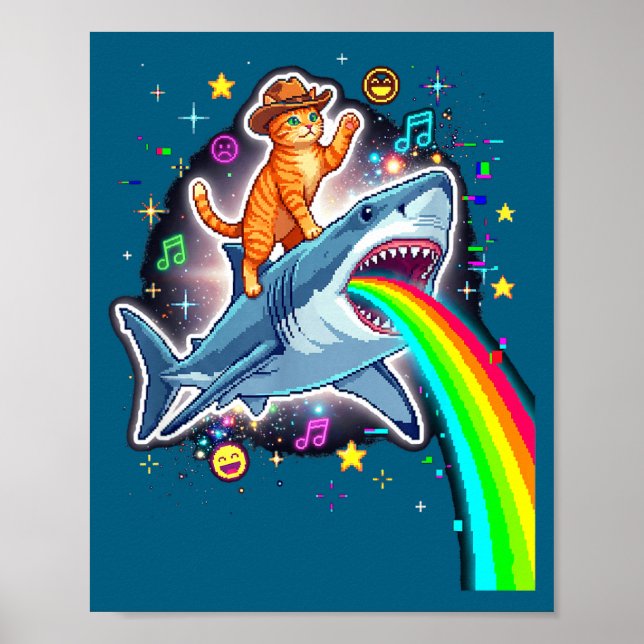 Póster Space Cowboy Cat Riding Shark Rainbow Xel Art  (Frente)