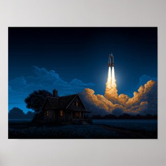 Póster Space Shuttle Rocket Launch At Night Behind Farmho