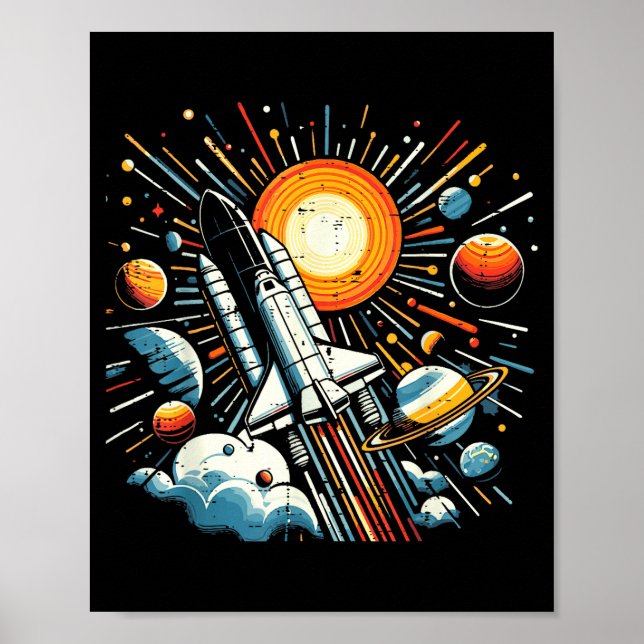 Póster Space Shuttle Sun Planets Rocket Galaxy Boys Kids  (Frente)