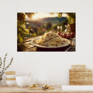 Póster Spaghetti alla Carbonara en la mesa de los jardine
