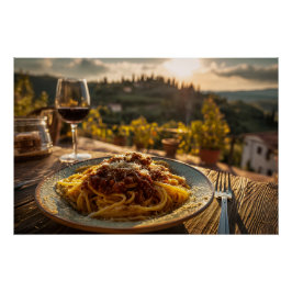 Póster Spaghetti Bolognese en la mesa de viñas