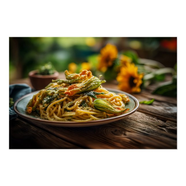 Póster Spaghetti con flores de zucchini (Anverso)
