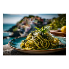 Póster Spaghetti con Lemon Basil Pesto - Terraza costera