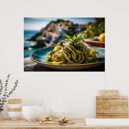 Póster Spaghetti con Lemon Basil Pesto - Terraza costera