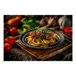 Póster Spaghetti Puttanesca con tomates frescos y oliva