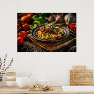 Póster Spaghetti Puttanesca con tomates frescos y oliva