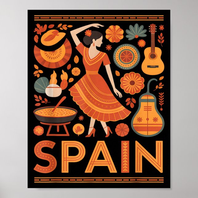 Póster Spain funny spanish culture flamenco guitar paella (Frente)