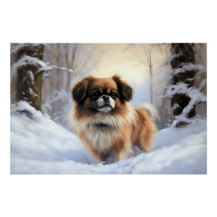 Póster Spaniel Tibetano Deja que nieve Navidad