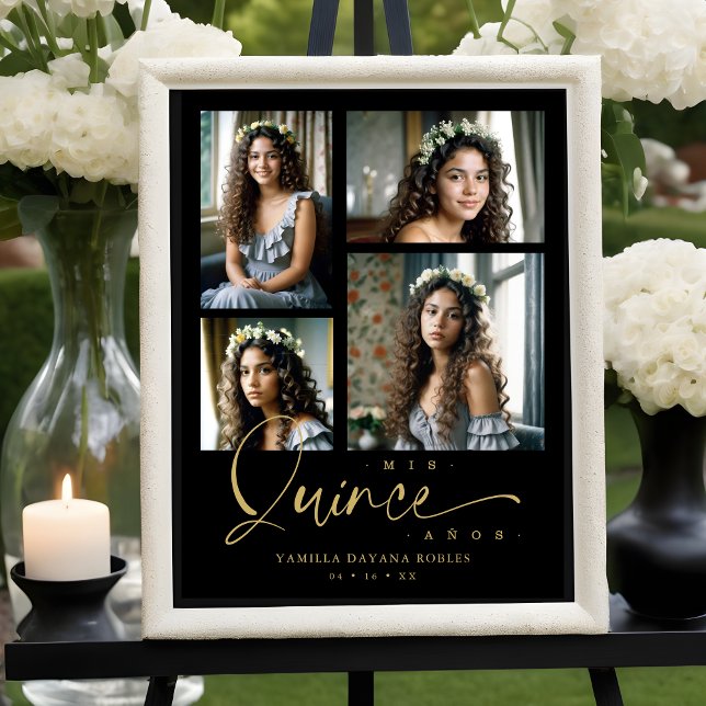 Póster Spanish Black Trendy Quinceañera Collage 4 Photos (Spanish Black Trendy Quinceañera Collage 4 Photos Poster.)