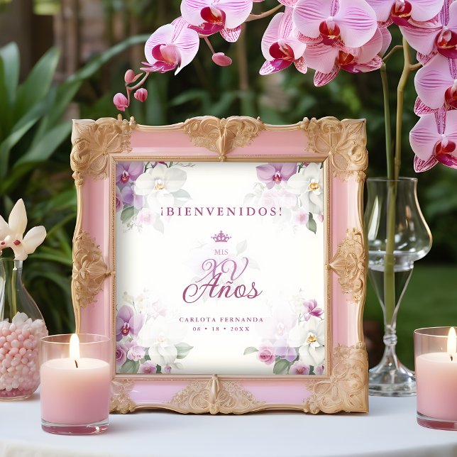Póster Spanish Romantic Exquisite Floral Orchids Bouquets (Spanish Romantic Exquisite Floral Pink Shades Orchids Bouquets Mis XV Años Poster. )