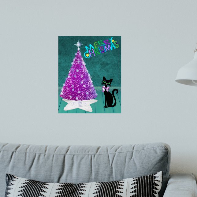 Póster Sparkle Pink Silver Tree Merry Christmas Black Cat (Sparkle pink silver tree black cat with bow in Teal room on Merry Christmas poster.)