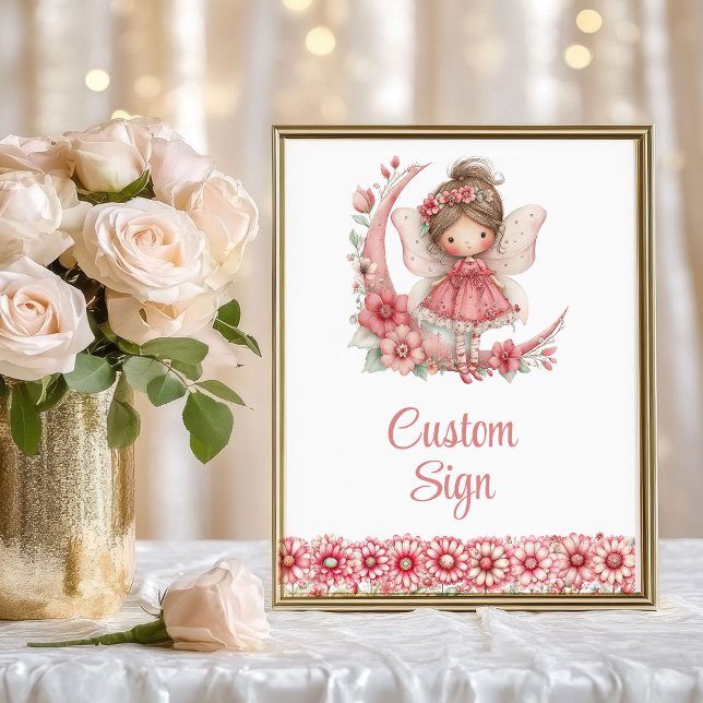 Póster Sparkling Fairy Girl Blush Floral Birthday Custom  (Sparkling Fairy Girl Blush Floral Birthday Custom Sign

)