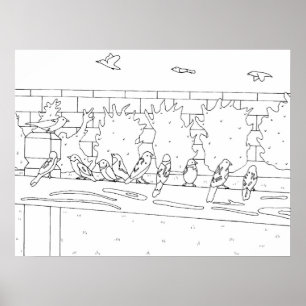 Póster Sparrows Aves reunidas en el dibujo ferroviario, P