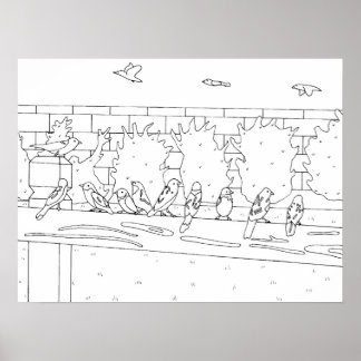Póster Sparrows Aves reunidas en el dibujo ferroviario, P