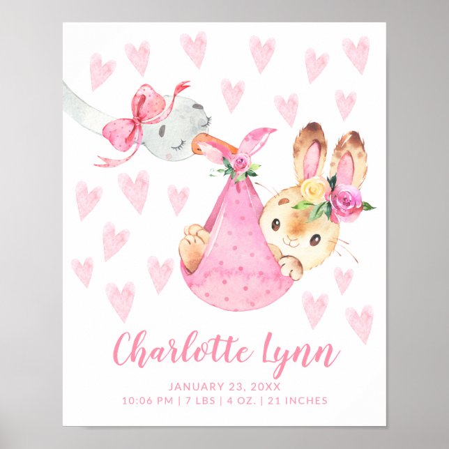 Póster Special Delivery Stork Bunny Baby Birth Stats (Frente)