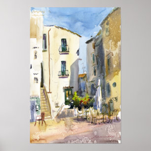 Póster Sperlonga Italia Acuarela Ciudad Antigua Mediterrá