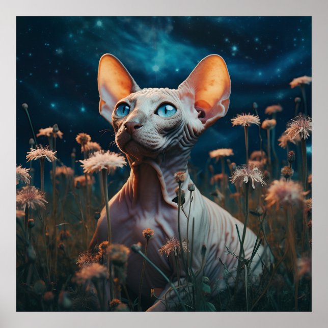 Póster Sphynx Cat Gazing Sky – Vibrant Floral Art (Frente)
