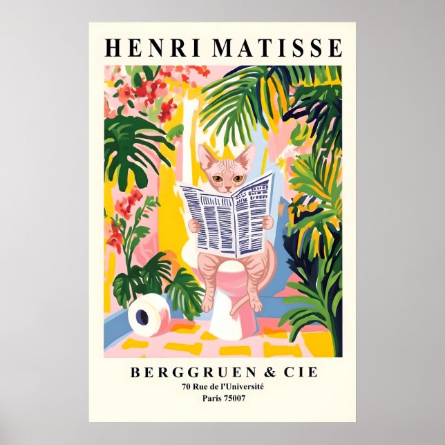 Póster Sphynx Cat on Toilet Wall Art Funny Matisse Style (Frente)