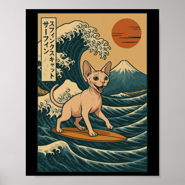 Póster Sphynx Cat Surfing Japanese Wave Great Wave Kawaii (Frente)