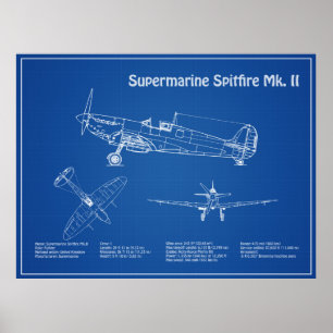 Póster Spitfire supermarino - Avión Blueprint AD